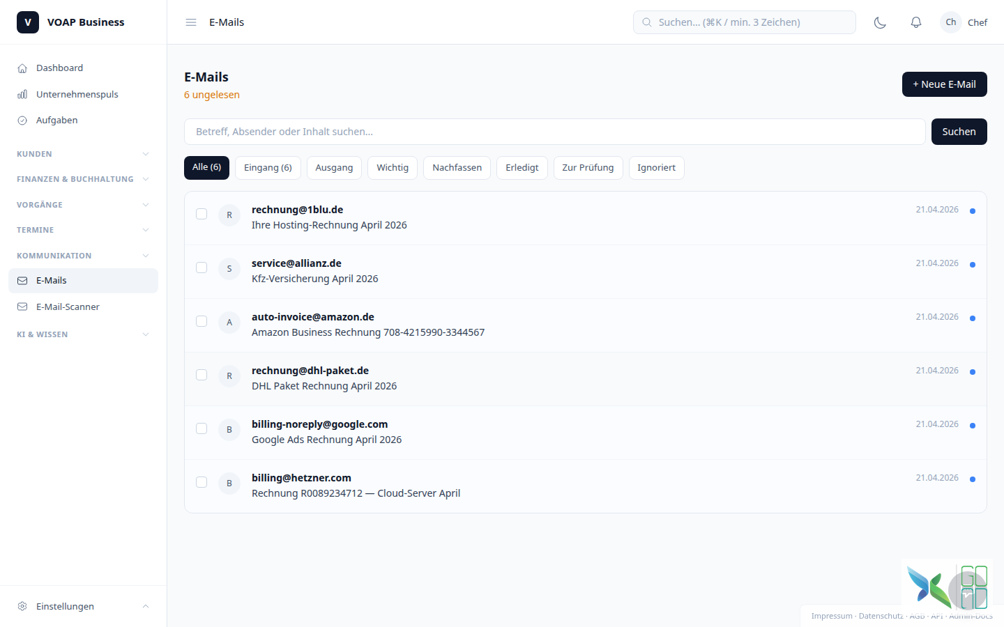 VOAP Business E-Mail-Modul - KI sortiert eingehende Mails