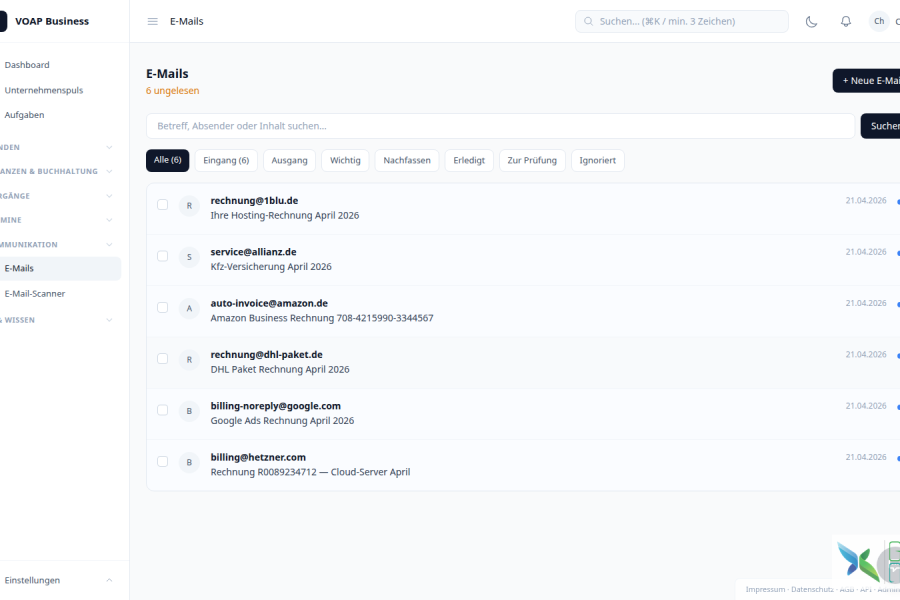 VOAP Business E-Mail-Modul - KI sortiert eingehende Mails